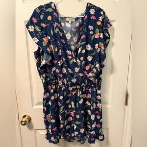 Umgee Blue Floral Romper with Ruffle Sleeves